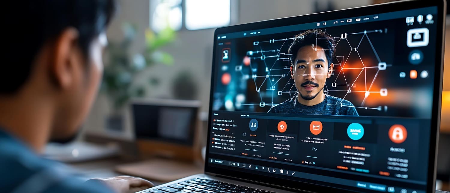 Man watching an AI-driven interactive video lesson with an avatar and data overlays on a laptop screen